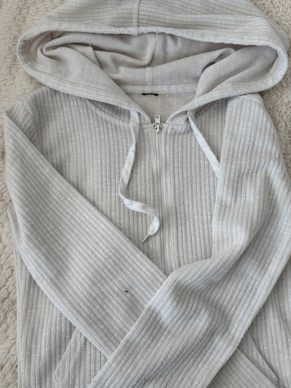 & Other Stories Light Gray Ribbed Hooded Half-Zip Sweater